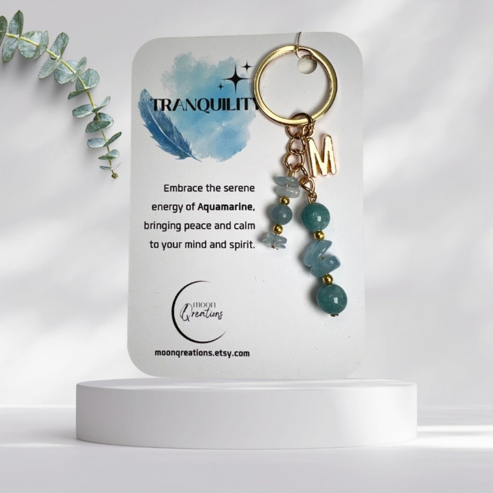 Tranquility Aquamarine Initial 'S' Gold Tone Keychain Bag Charm
